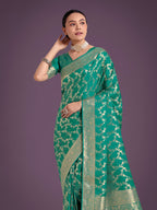 Monjolika Fashion Stunning Turquoise Banarasi Satin Silk Golden Meenakari Work Saree | Grocsy