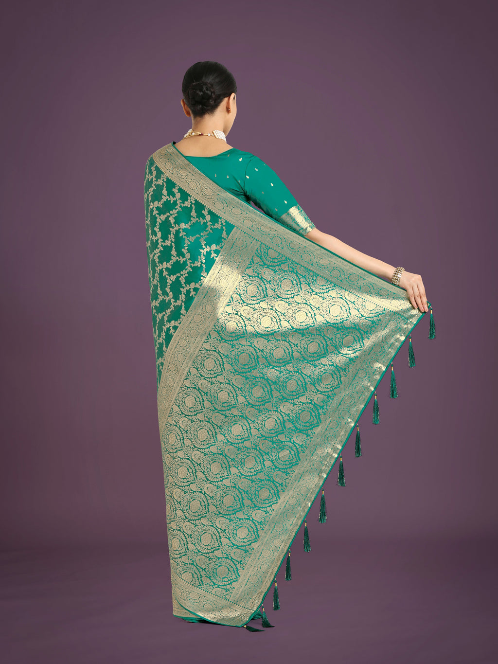 Monjolika Fashion Stunning Turquoise Banarasi Satin Silk Golden Meenakari Work Saree | Grocsy