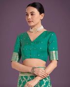 Monjolika Fashion Stunning Turquoise Banarasi Satin Silk Golden Meenakari Work Saree | Grocsy