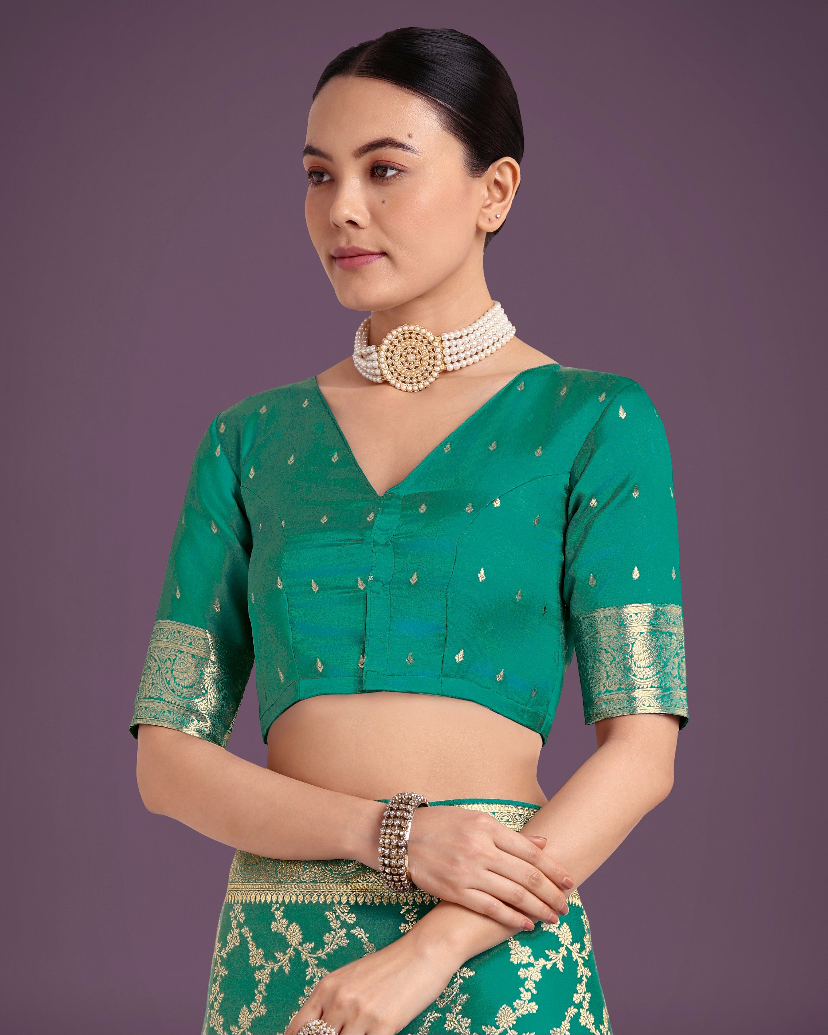 Monjolika Fashion Stunning Turquoise Banarasi Satin Silk Golden Meenakari Work Saree | Grocsy