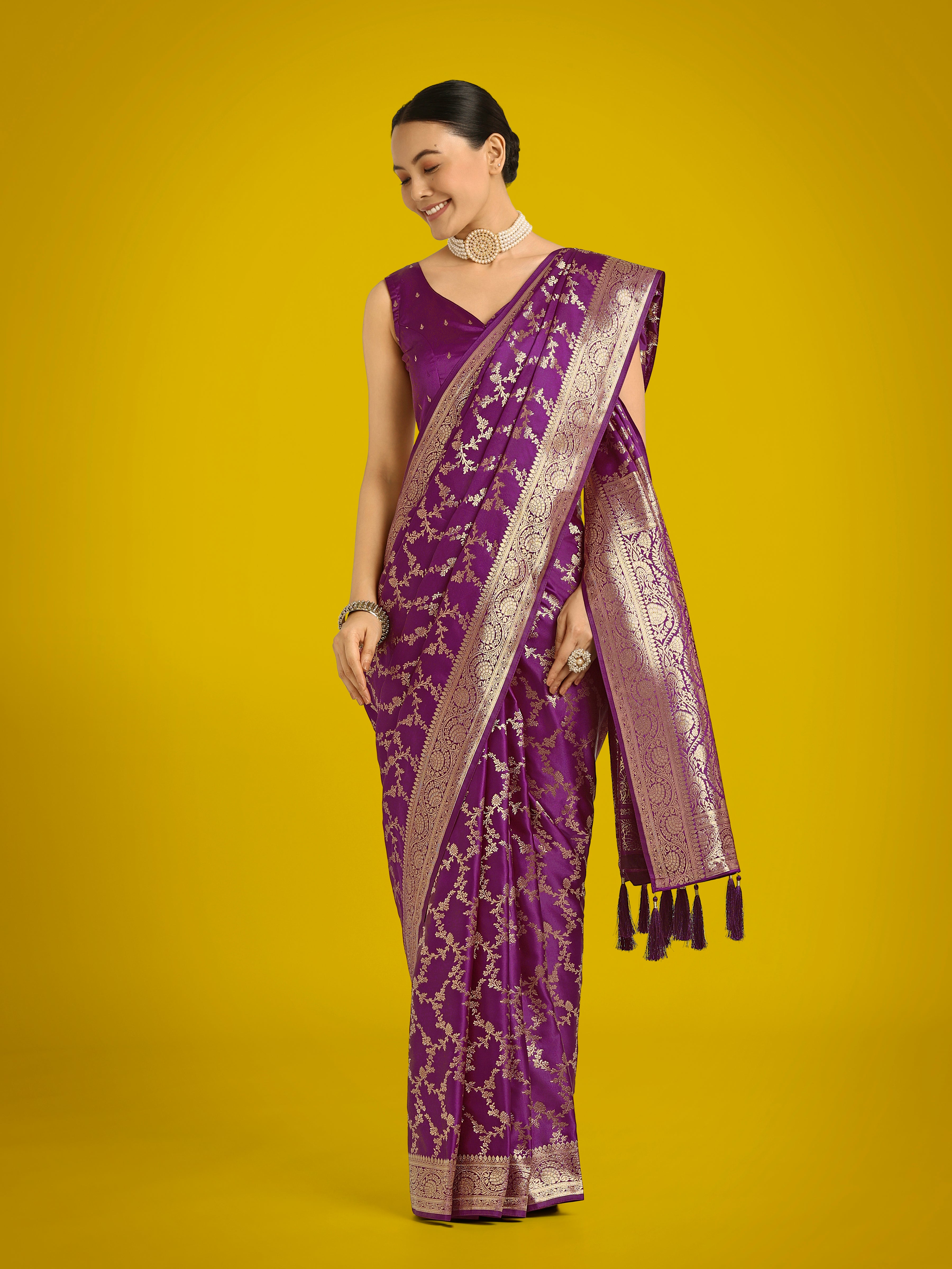 Monjolika Fashion Stunning Purple Banarasi Satin Silk Golden Meenakari Work Saree | Grocsy