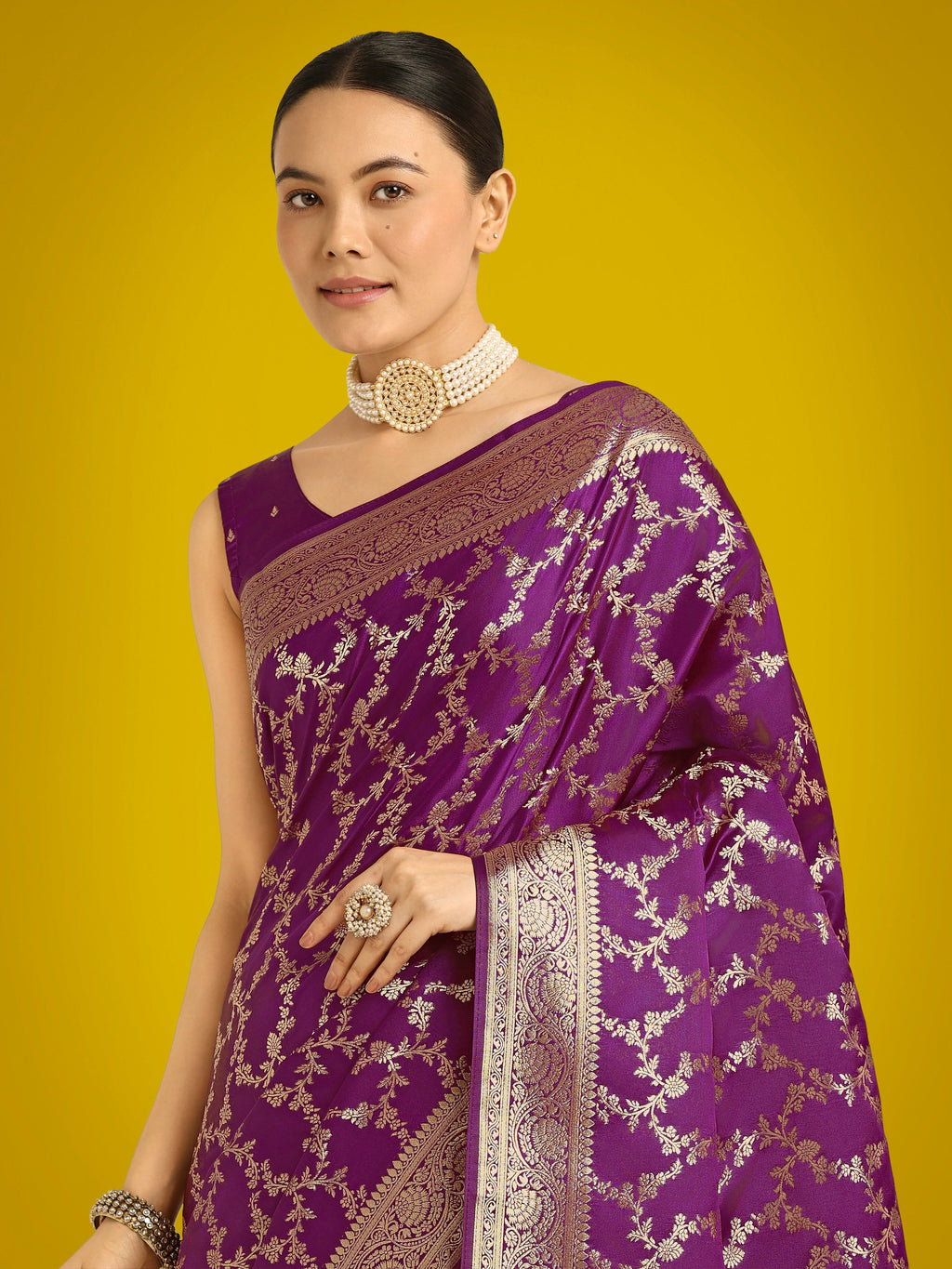 Monjolika Fashion Stunning Purple Banarasi Satin Silk Golden Meenakari Work Saree | Grocsy