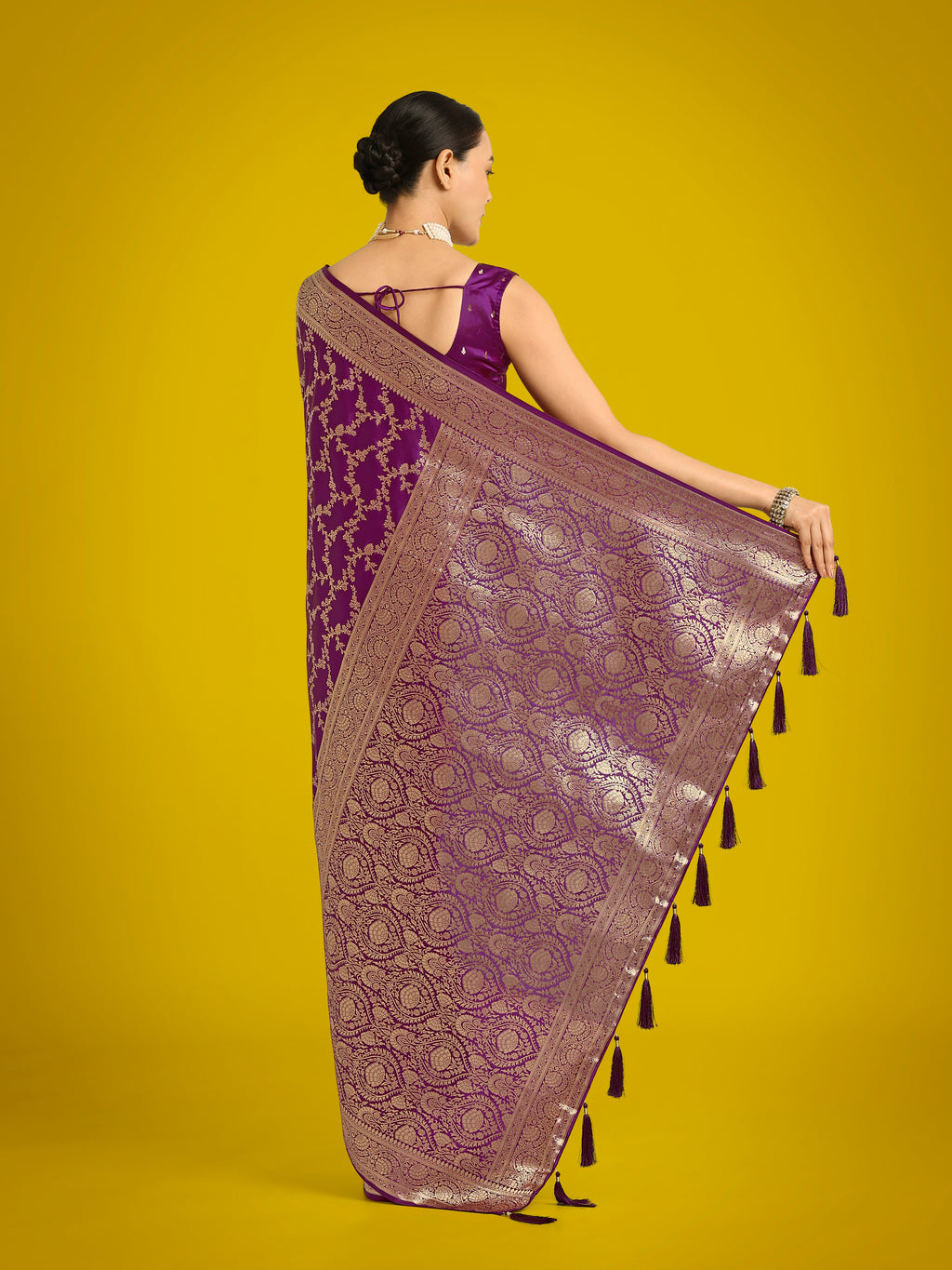 Monjolika Fashion Stunning Purple Banarasi Satin Silk Golden Meenakari Work Saree | Grocsy