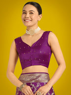 Monjolika Fashion Stunning Purple Banarasi Satin Silk Golden Meenakari Work Saree | Grocsy