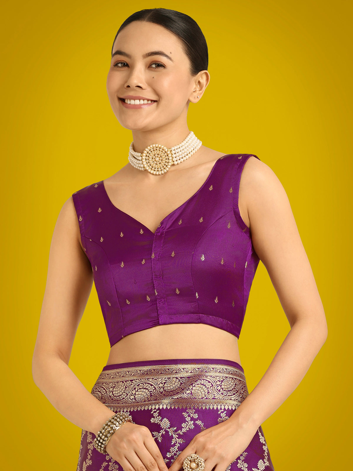 Monjolika Fashion Stunning Purple Banarasi Satin Silk Golden Meenakari Work Saree | Grocsy