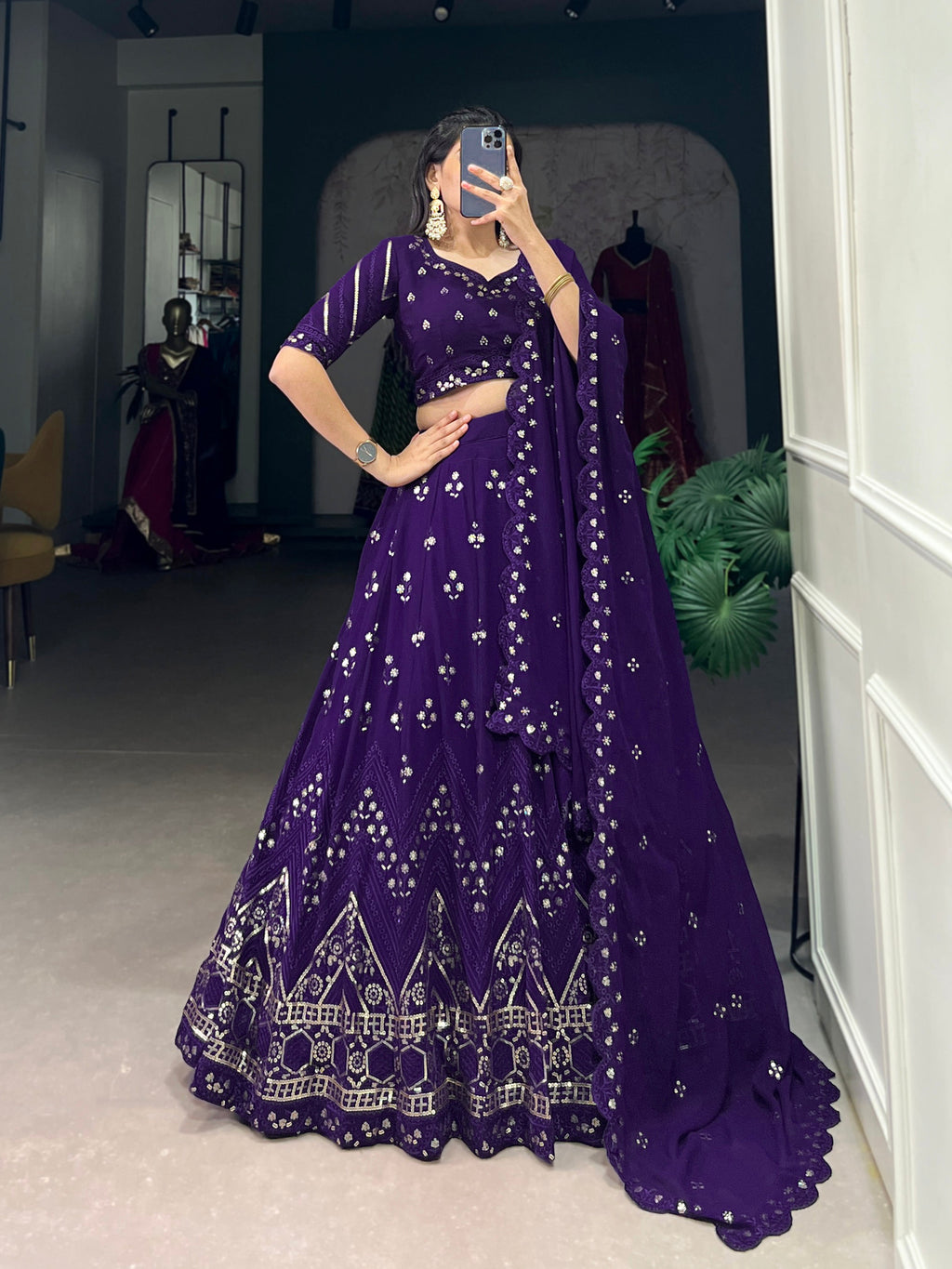 Lorenvalley Purple Georgette Sequins and Thread Embroidery Work Lehenga Choli | Grocsy
