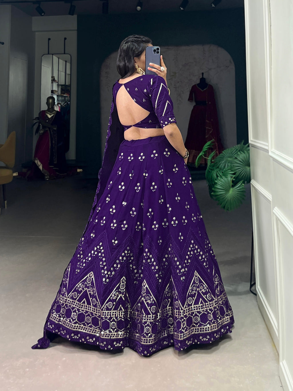 Lorenvalley Purple Georgette Sequins and Thread Embroidery Work Lehenga Choli | Grocsy