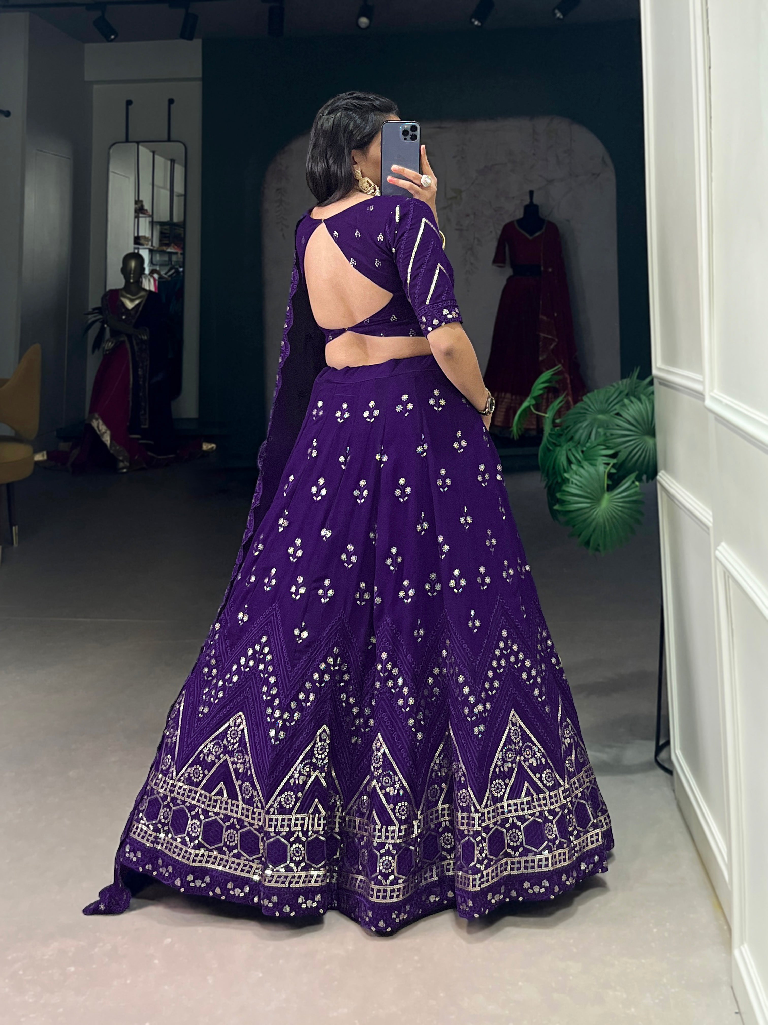 Lorenvalley Purple Georgette Sequins and Thread Embroidery Work Lehenga Choli | Grocsy