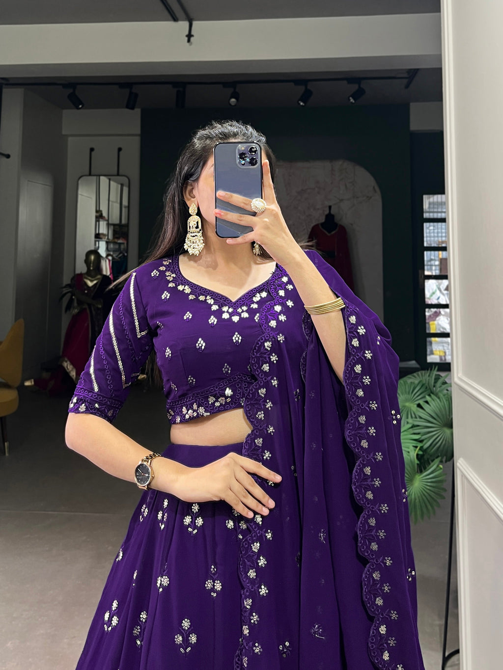 Lorenvalley Purple Georgette Sequins and Thread Embroidery Work Lehenga Choli | Grocsy