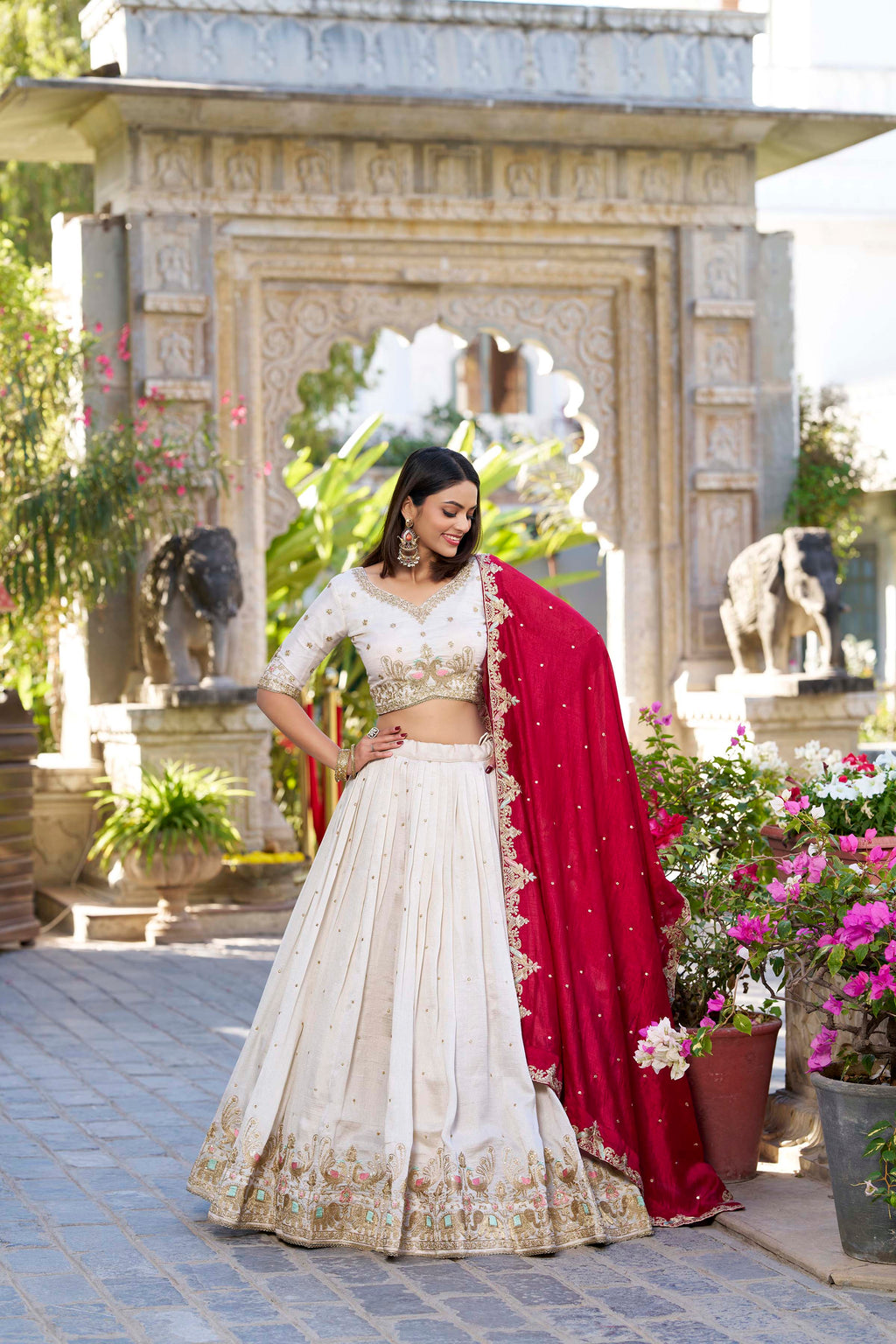 Lorenvalley OffWhite Vichitra Silk Sequins and Thread Embroidery Work Lehenga Choli | Grocsy