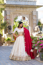 Lorenvalley OffWhite Vichitra Silk Sequins and Thread Embroidery Work Lehenga Choli | Grocsy