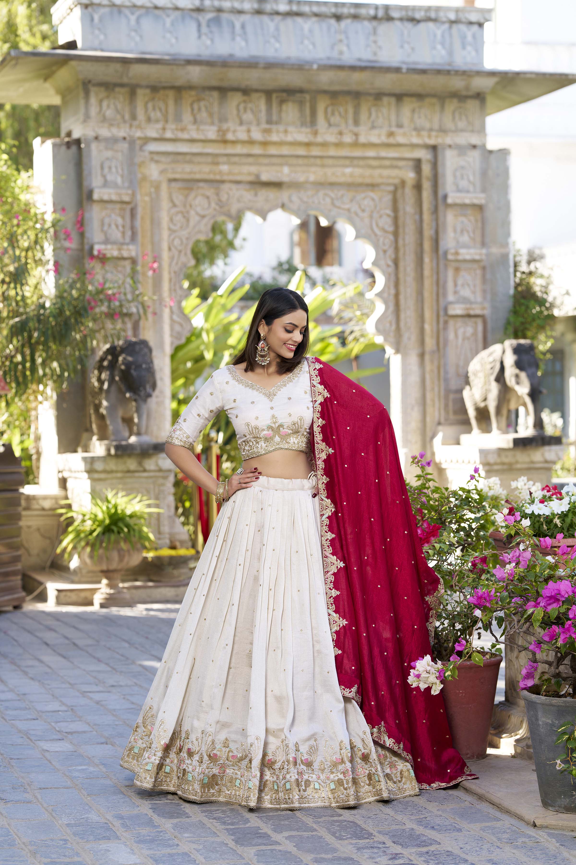 Lorenvalley OffWhite Vichitra Silk Sequins and Thread Embroidery Work Lehenga Choli | Grocsy