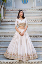 Lorenvalley OffWhite Vichitra Silk Sequins and Thread Embroidery Work Lehenga Choli | Grocsy