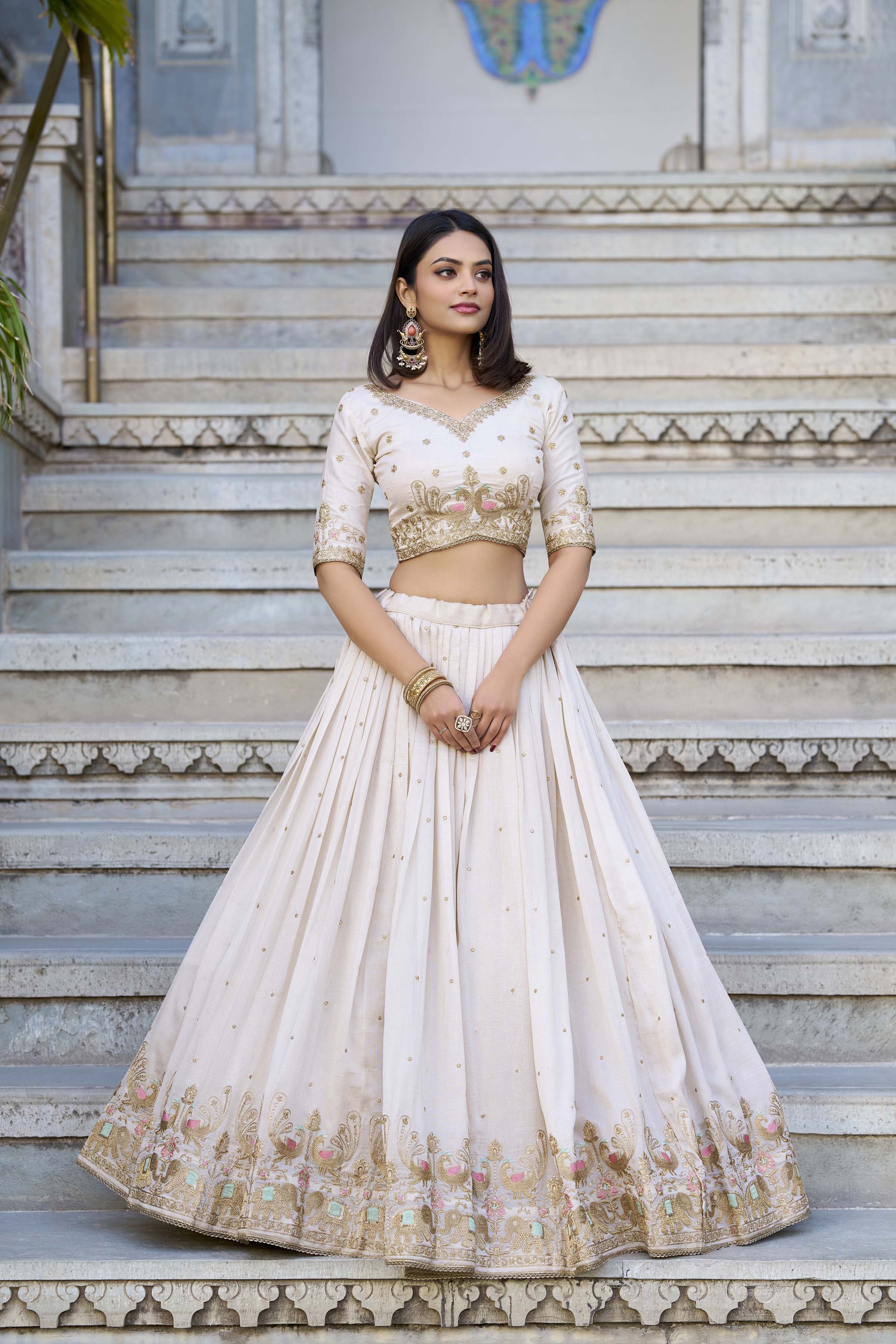 Lorenvalley OffWhite Vichitra Silk Sequins and Thread Embroidery Work Lehenga Choli | Grocsy