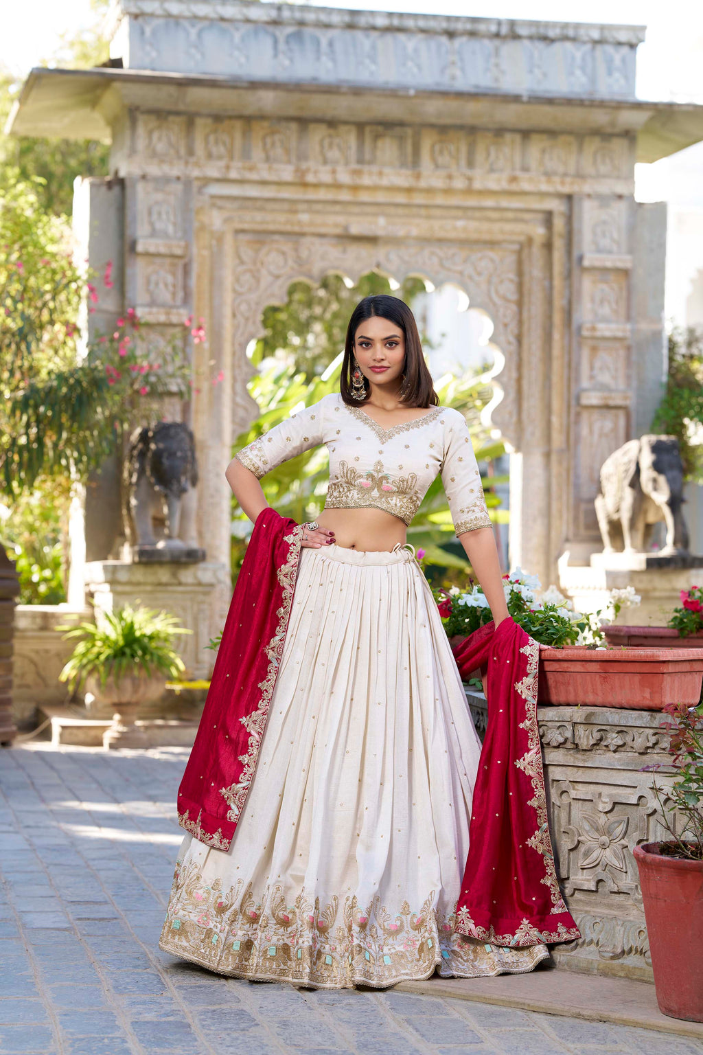 Lorenvalley OffWhite Vichitra Silk Sequins and Thread Embroidery Work Lehenga Choli | Grocsy