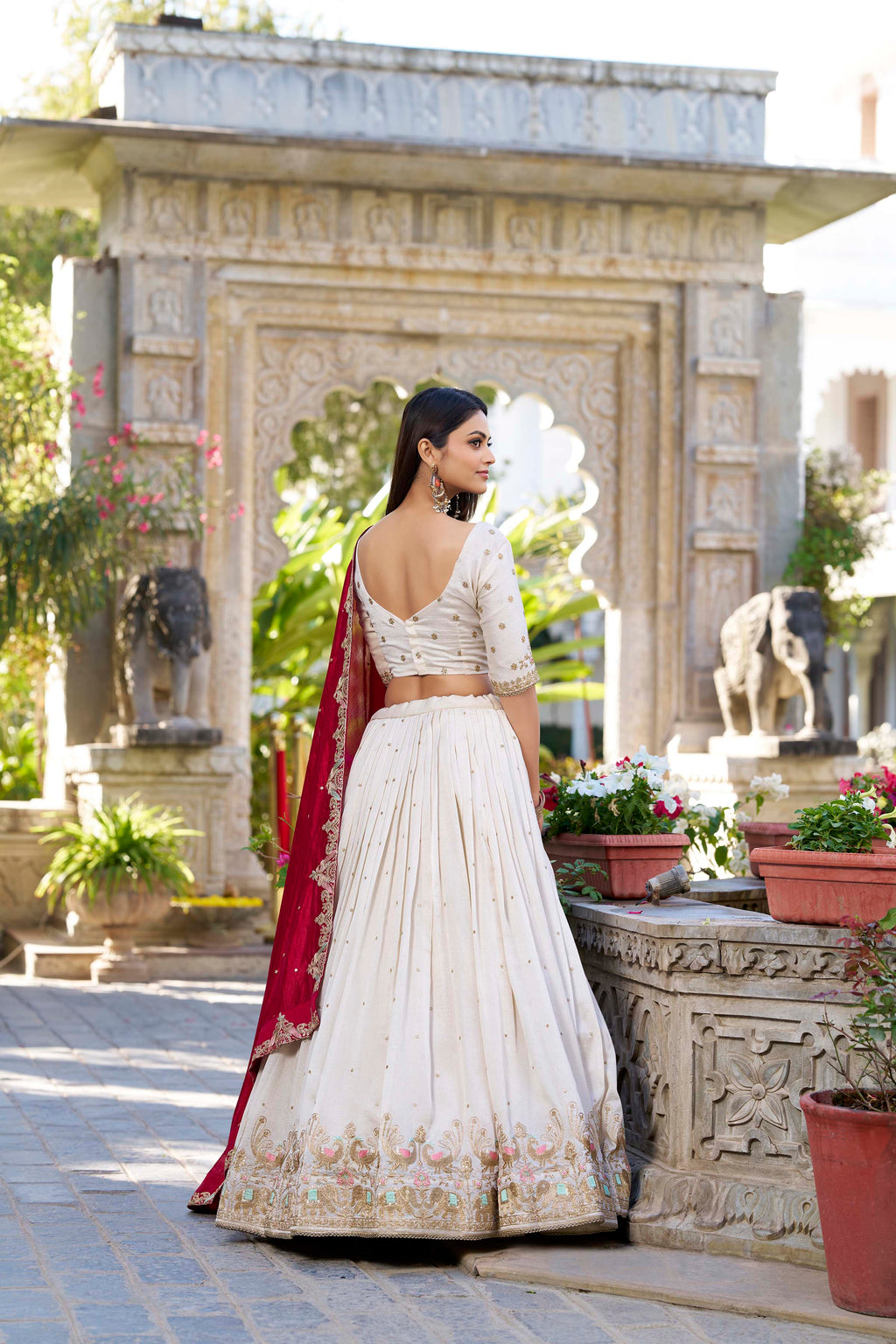 Lorenvalley OffWhite Vichitra Silk Sequins and Thread Embroidery Work Lehenga Choli | Grocsy