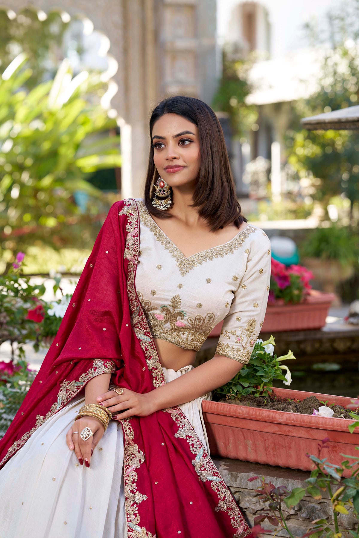 Lorenvalley OffWhite Vichitra Silk Sequins and Thread Embroidery Work Lehenga Choli | Grocsy