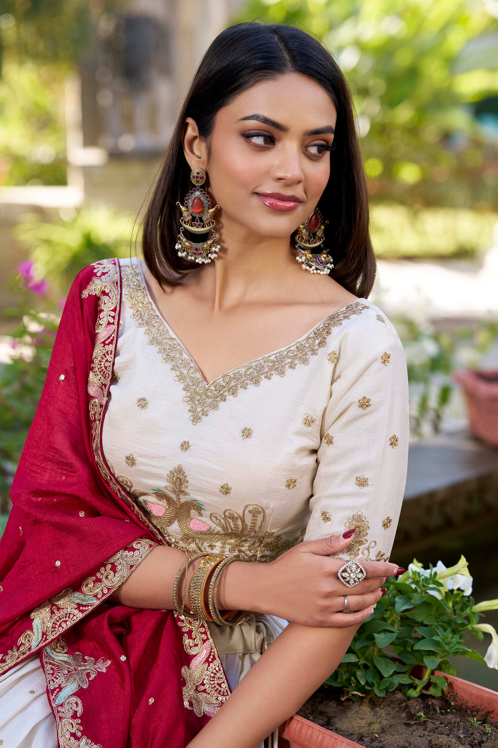 Lorenvalley OffWhite Vichitra Silk Sequins and Thread Embroidery Work Lehenga Choli | Grocsy