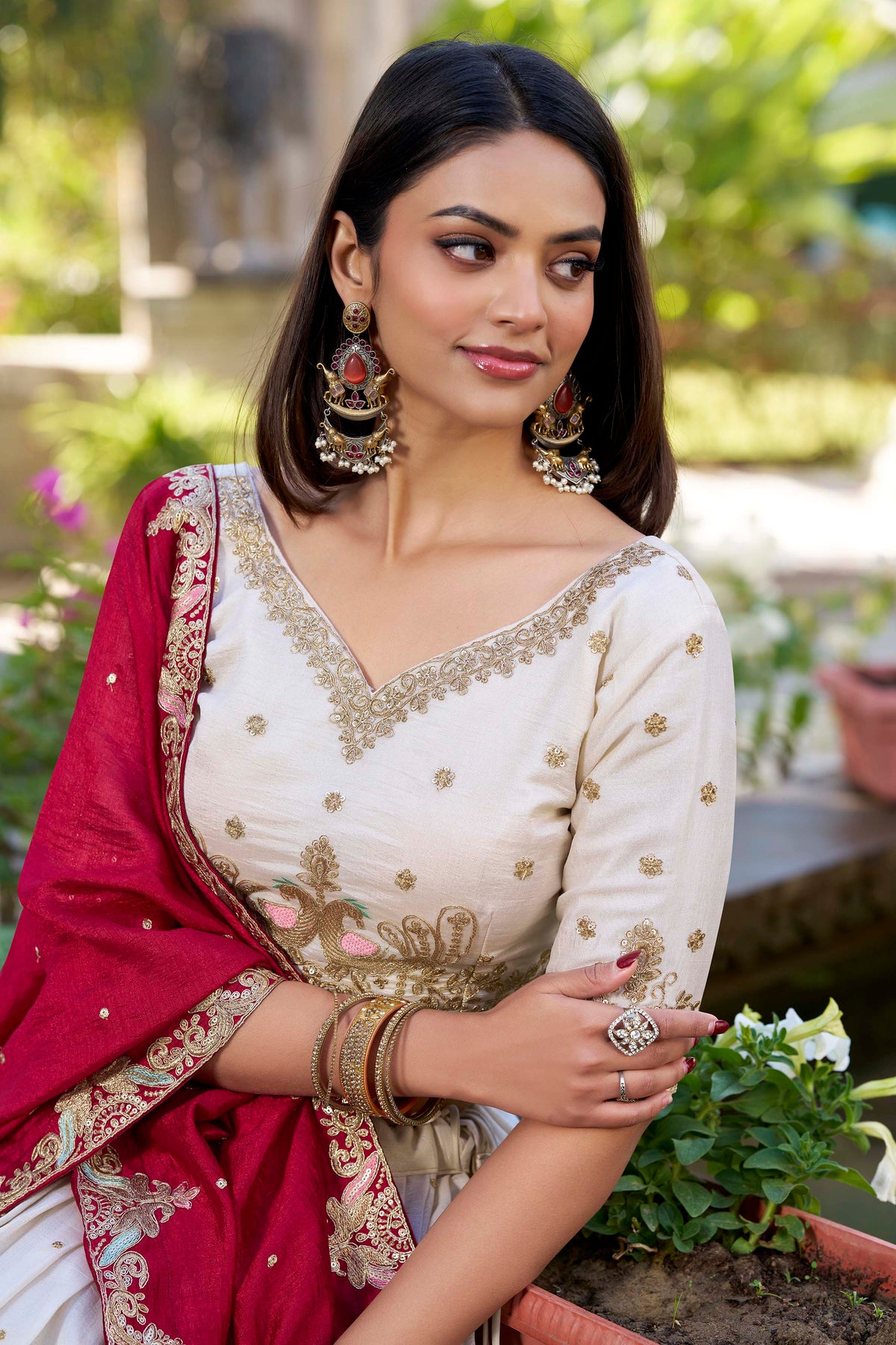 Lorenvalley OffWhite Vichitra Silk Sequins and Thread Embroidery Work Lehenga Choli | Grocsy