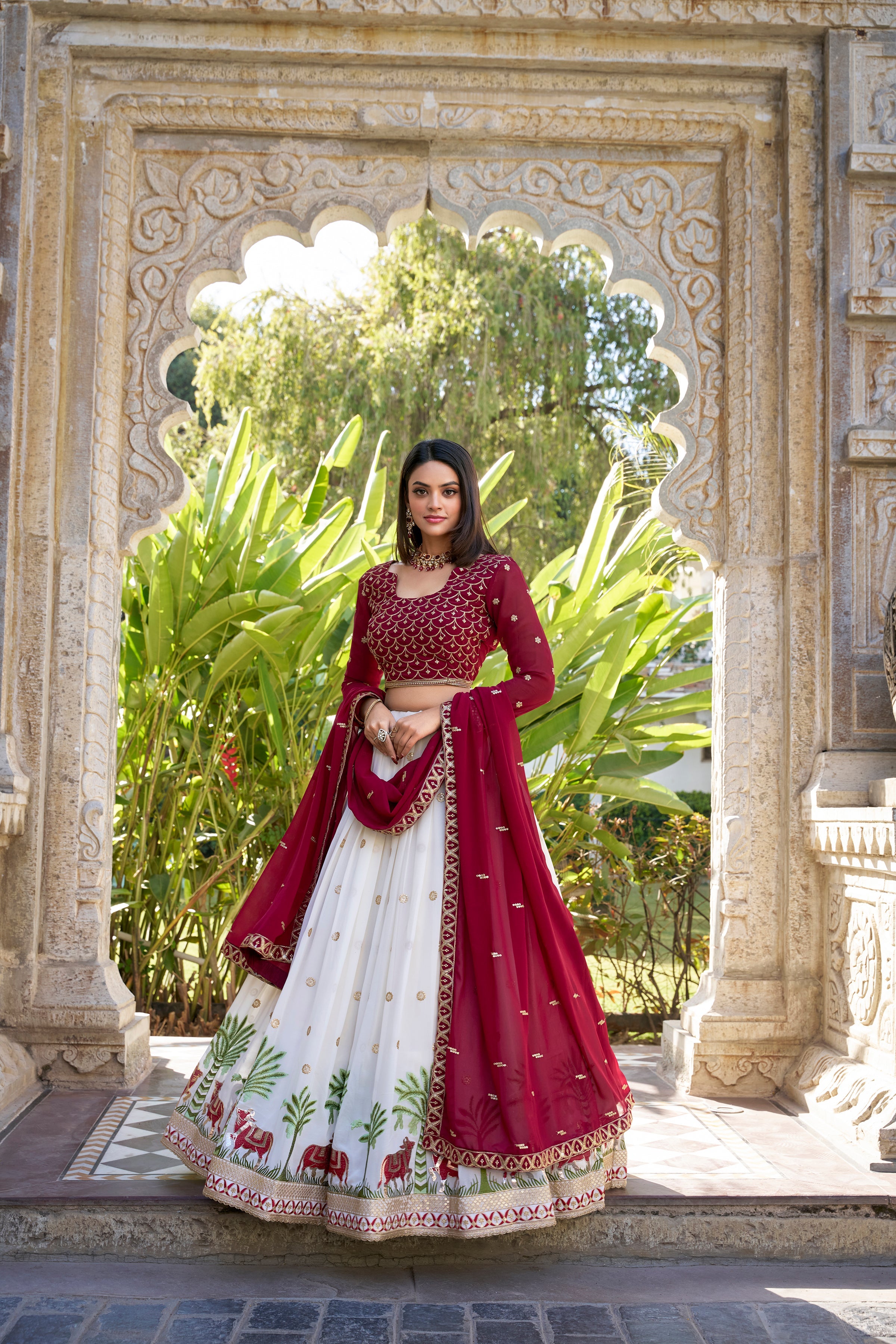 Lorenvalley White Georgette Sequins and Thread Embroidery Work With Lace Touch Up Lehenga Choli with Dupatta | Grocsy