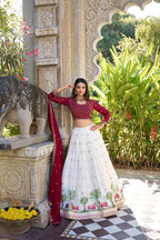 Lorenvalley White Georgette Sequins and Thread Embroidery Work With Lace Touch Up Lehenga Choli with Dupatta | Grocsy