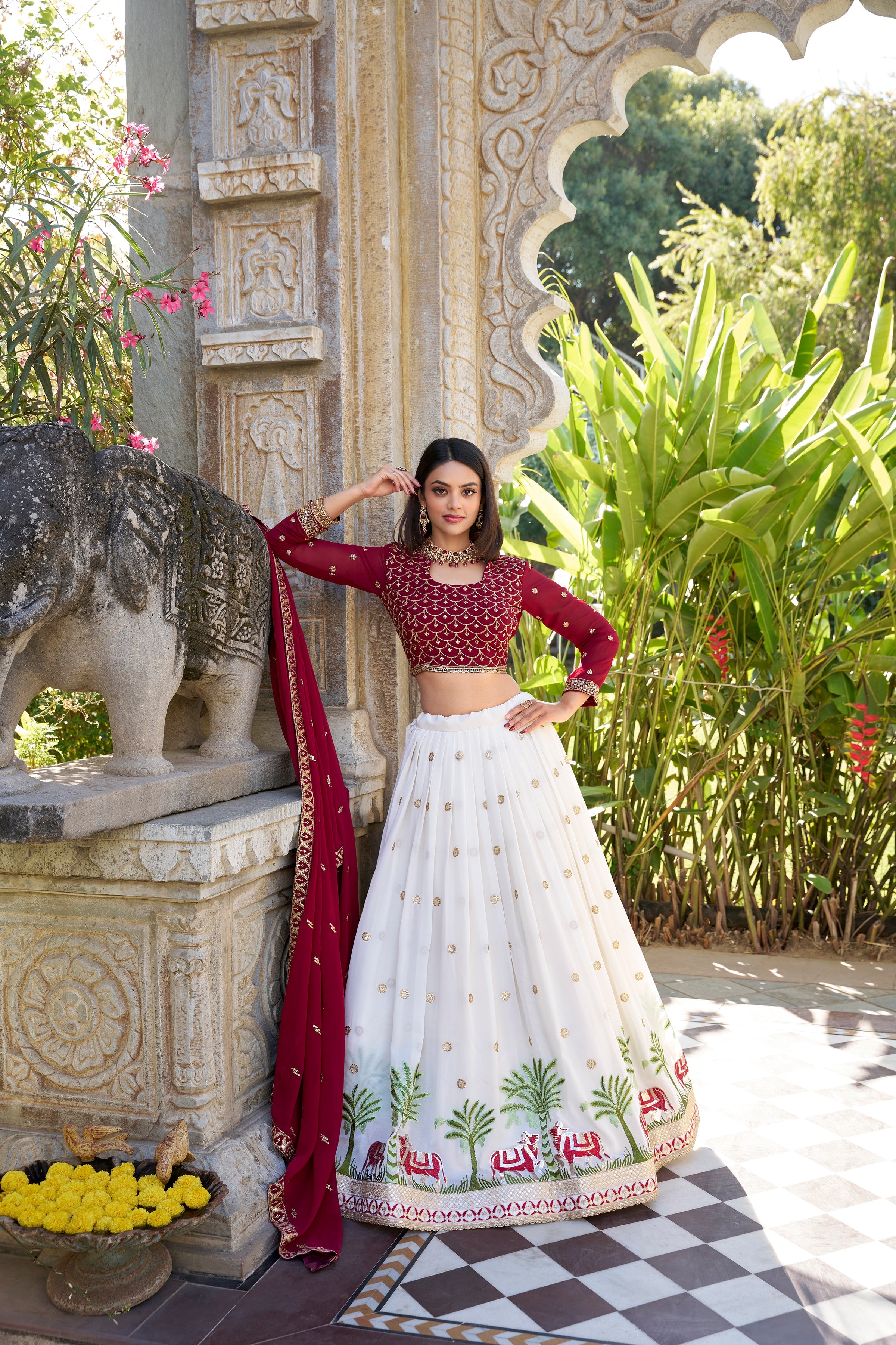 Lorenvalley White Georgette Sequins and Thread Embroidery Work With Lace Touch Up Lehenga Choli with Dupatta | Grocsy