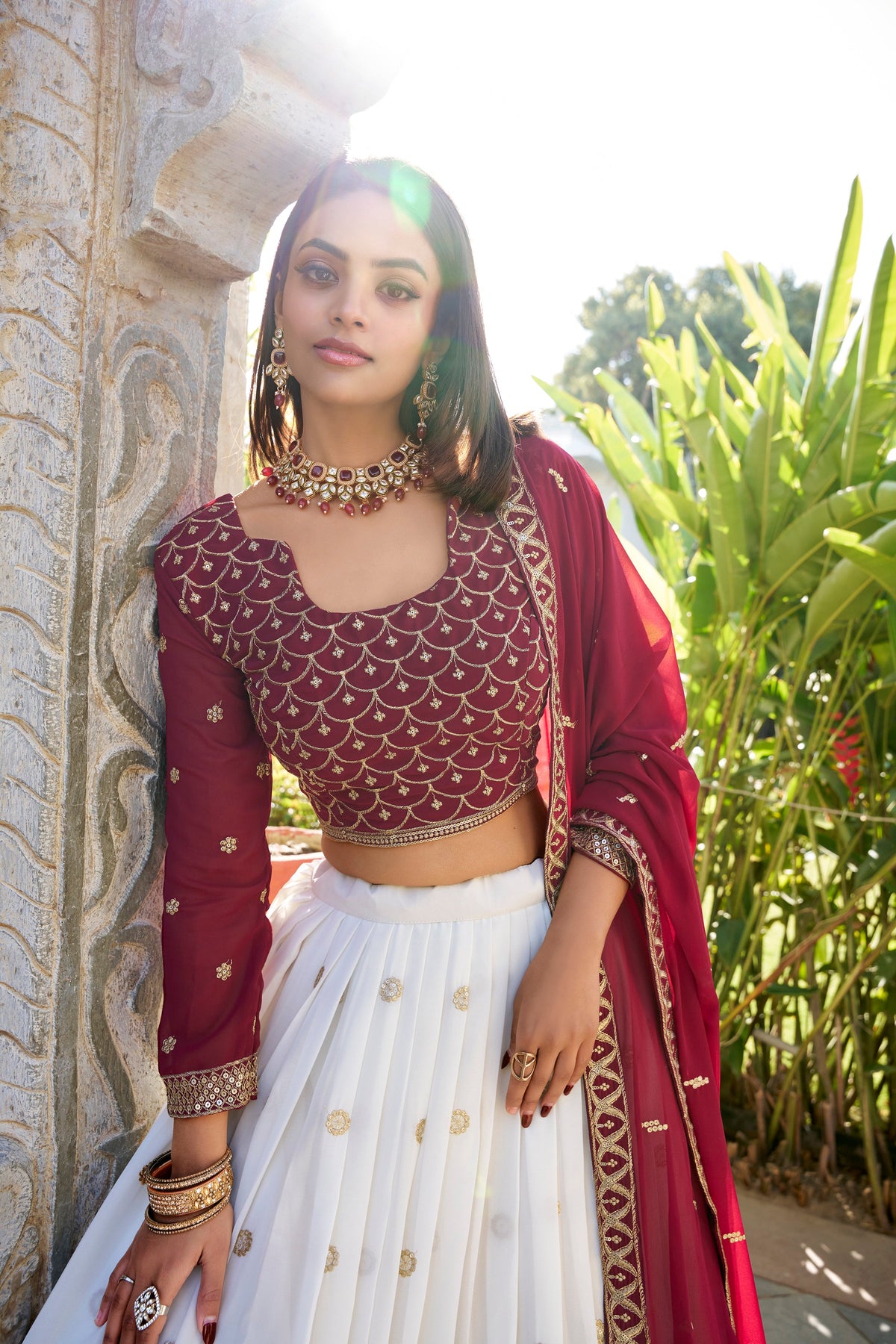Lorenvalley White Georgette Sequins and Thread Embroidery Work With Lace Touch Up Lehenga Choli with Dupatta | Grocsy
