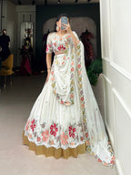 Lorenvalley White Georgette Sequins and Thread Embroidery Work with Embossed Design Lace Lehenga Choli | Grocsy