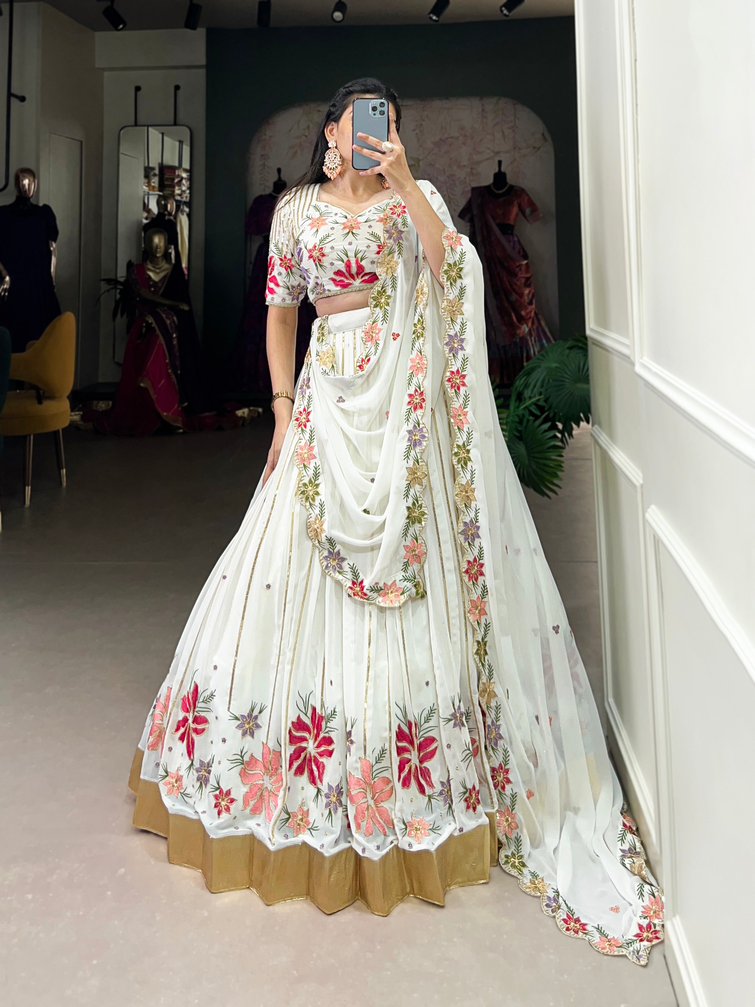 Lorenvalley White Georgette Sequins and Thread Embroidery Work with Embossed Design Lace Lehenga Choli | Grocsy