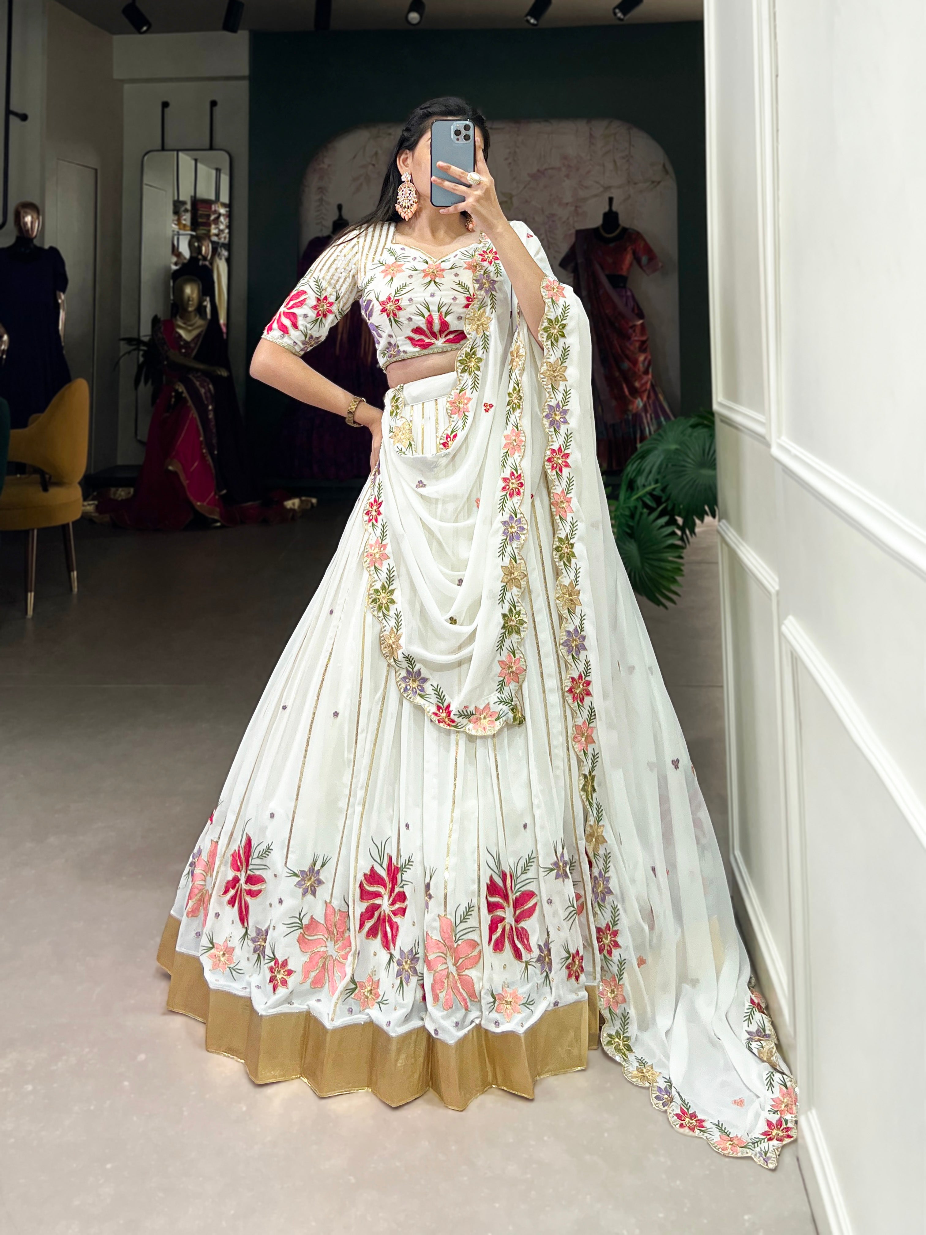 Lorenvalley White Georgette Sequins and Thread Embroidery Work with Embossed Design Lace Lehenga Choli | Grocsy