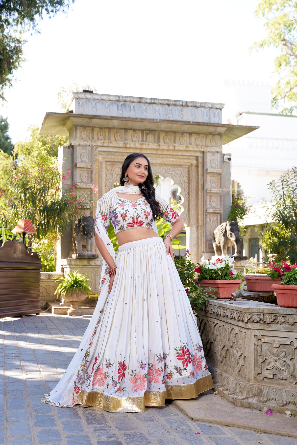 Lorenvalley Georgette Sequins and Thread Embroidery Work With Embossed Design Lace Lehenga Choli | Grocsy