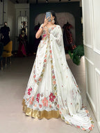 Lorenvalley White Georgette Sequins and Thread Embroidery Work with Embossed Design Lace Lehenga Choli | Grocsy