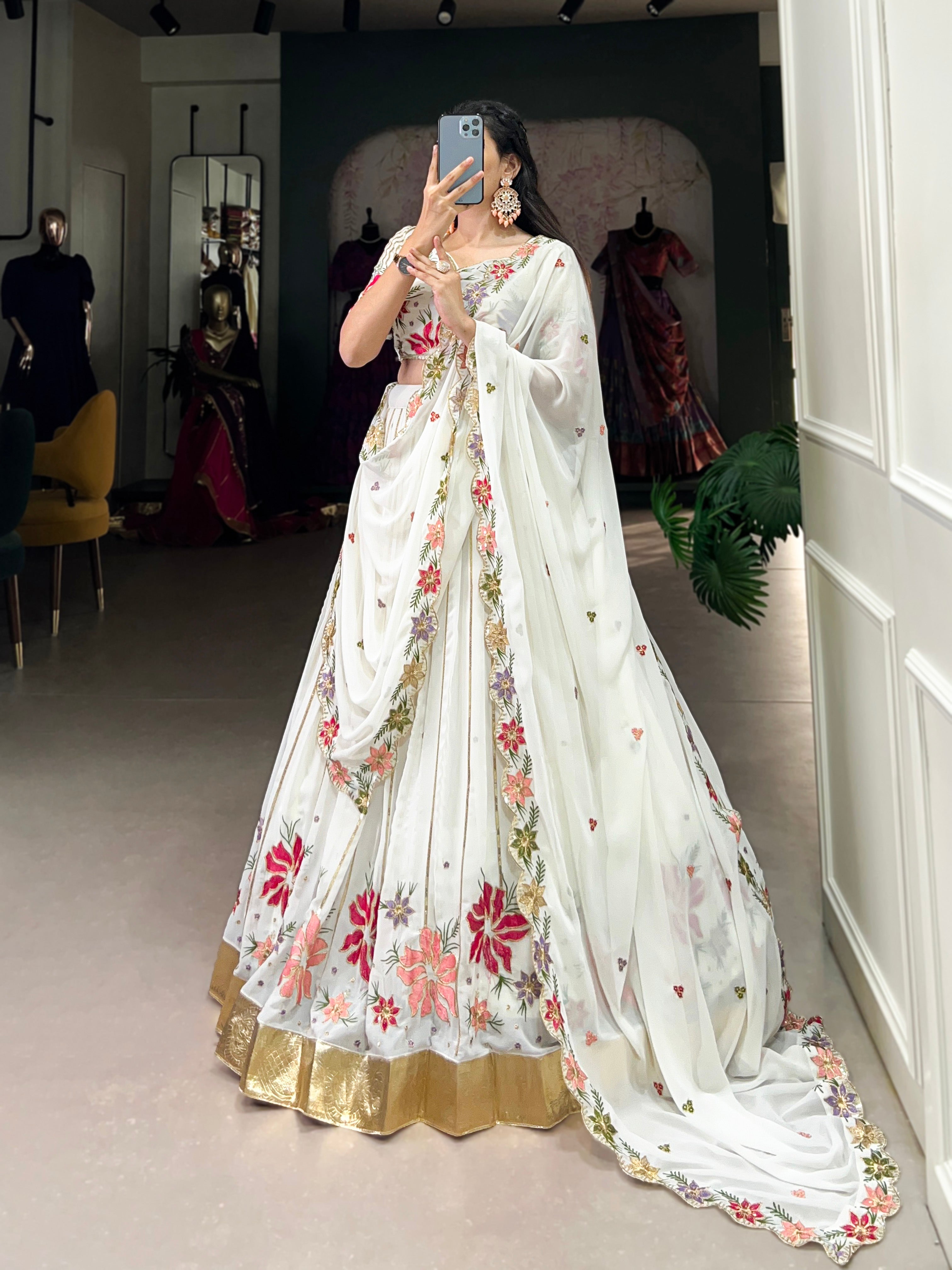 Lorenvalley White Georgette Sequins and Thread Embroidery Work with Embossed Design Lace Lehenga Choli | Grocsy