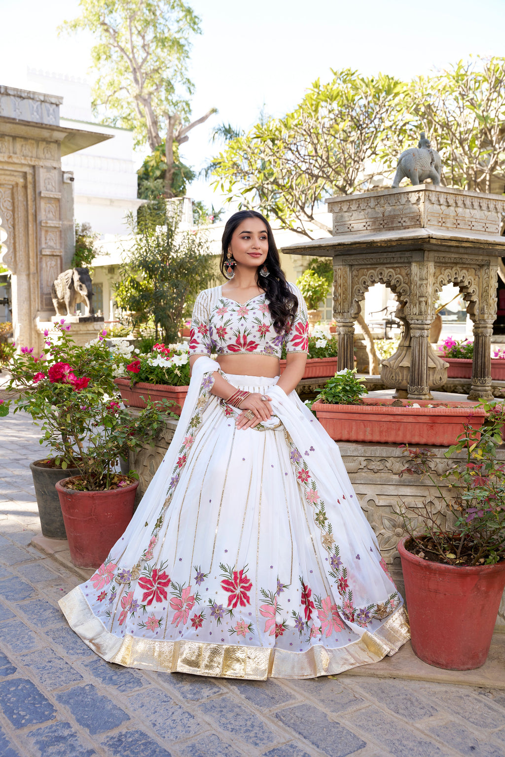 Lorenvalley Georgette Sequins and Thread Embroidery Work With Embossed Design Lace Lehenga Choli | Grocsy