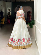 Lorenvalley White Georgette Sequins and Thread Embroidery Work with Embossed Design Lace Lehenga Choli | Grocsy