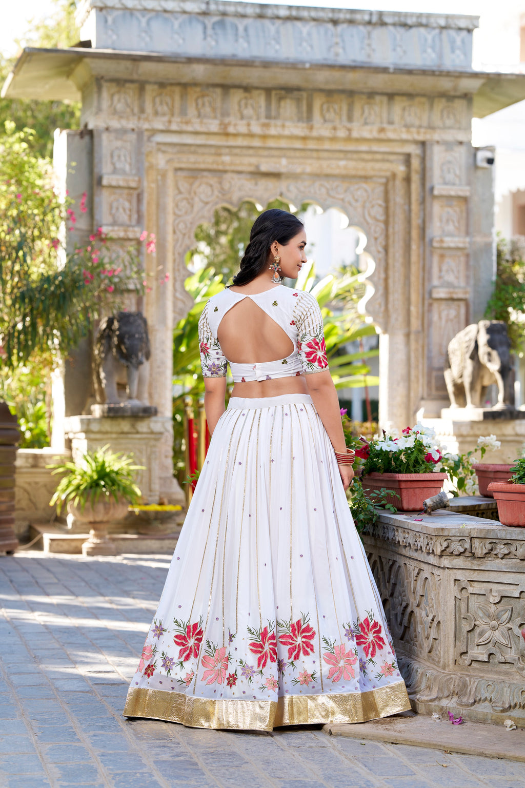 Lorenvalley Georgette Sequins and Thread Embroidery Work With Embossed Design Lace Lehenga Choli | Grocsy