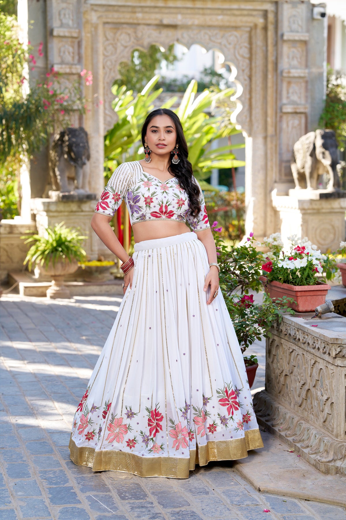 Lorenvalley Georgette Sequins and Thread Embroidery Work With Embossed Design Lace Lehenga Choli | Grocsy