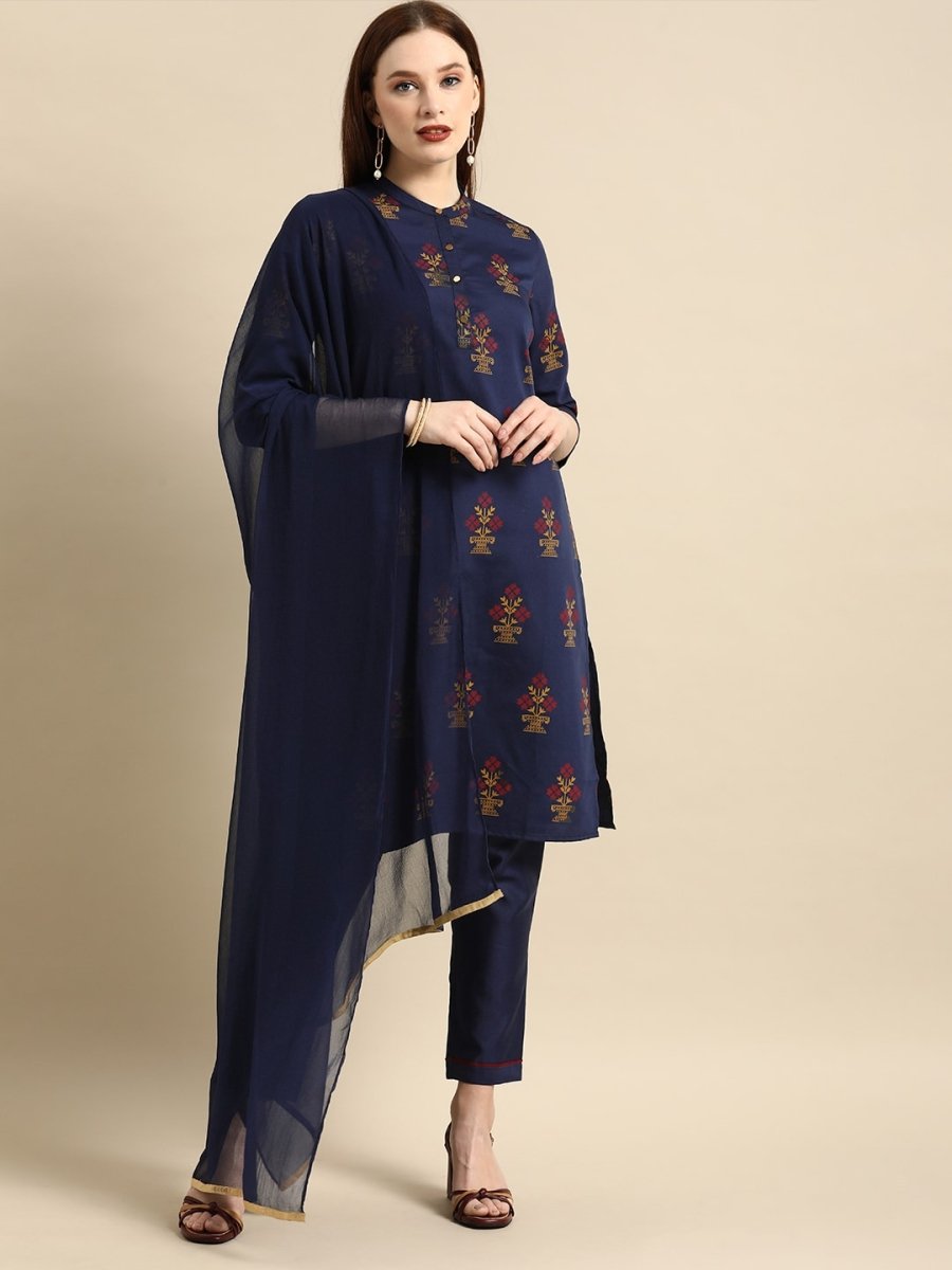 All About You Women Navy Blue Ethnic Motifs Printed Kurta with Trousers & With Dupatta | Grocsy