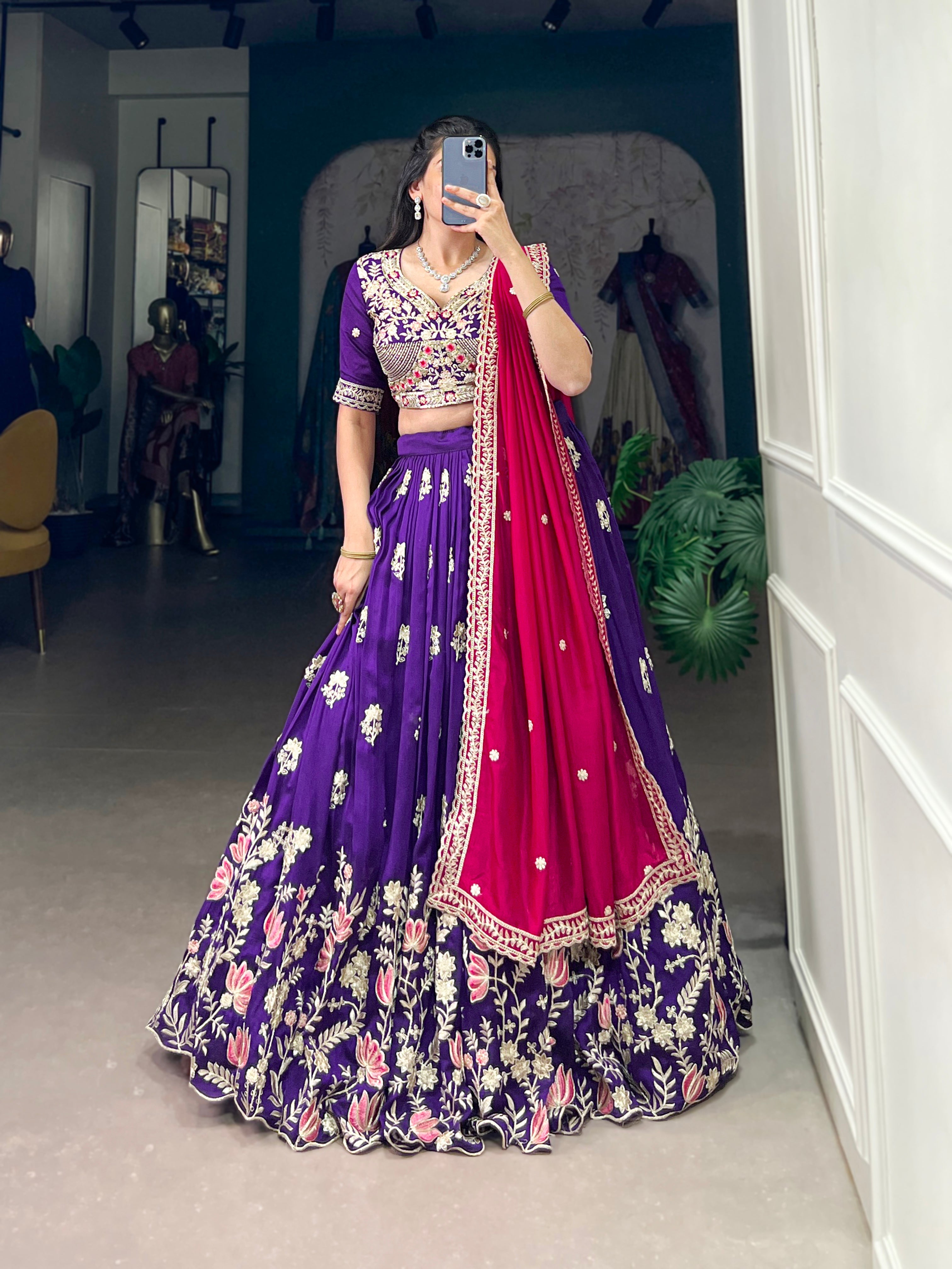 Lorenvalley Purple Vichitra Silk Sequins and Thread Embroidery Work Lehenga Choli | Grocsy