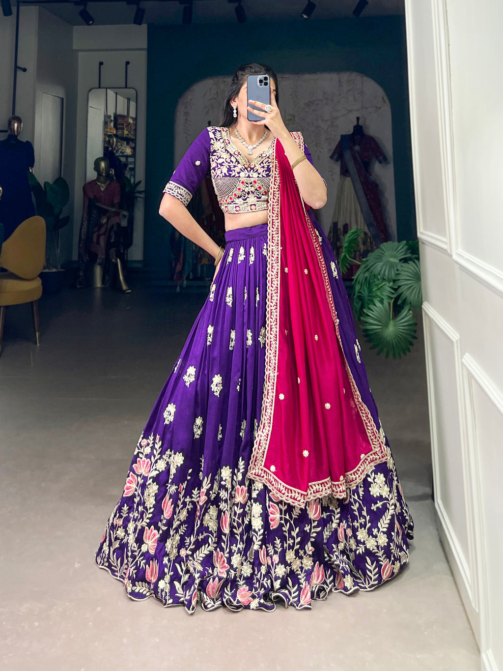 Lorenvalley Purple Vichitra Silk Sequins and Thread Embroidery Work Lehenga Choli | Grocsy