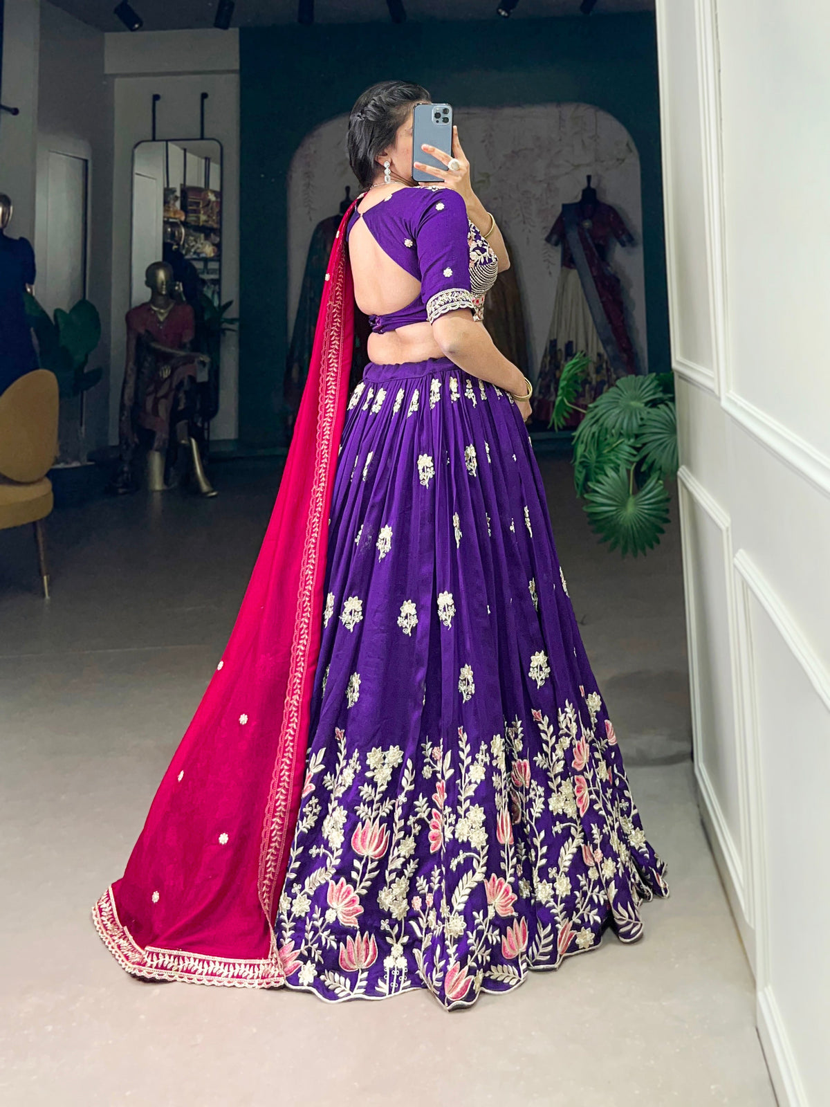 Lorenvalley Purple Vichitra Silk Sequins and Thread Embroidery Work Lehenga Choli | Grocsy