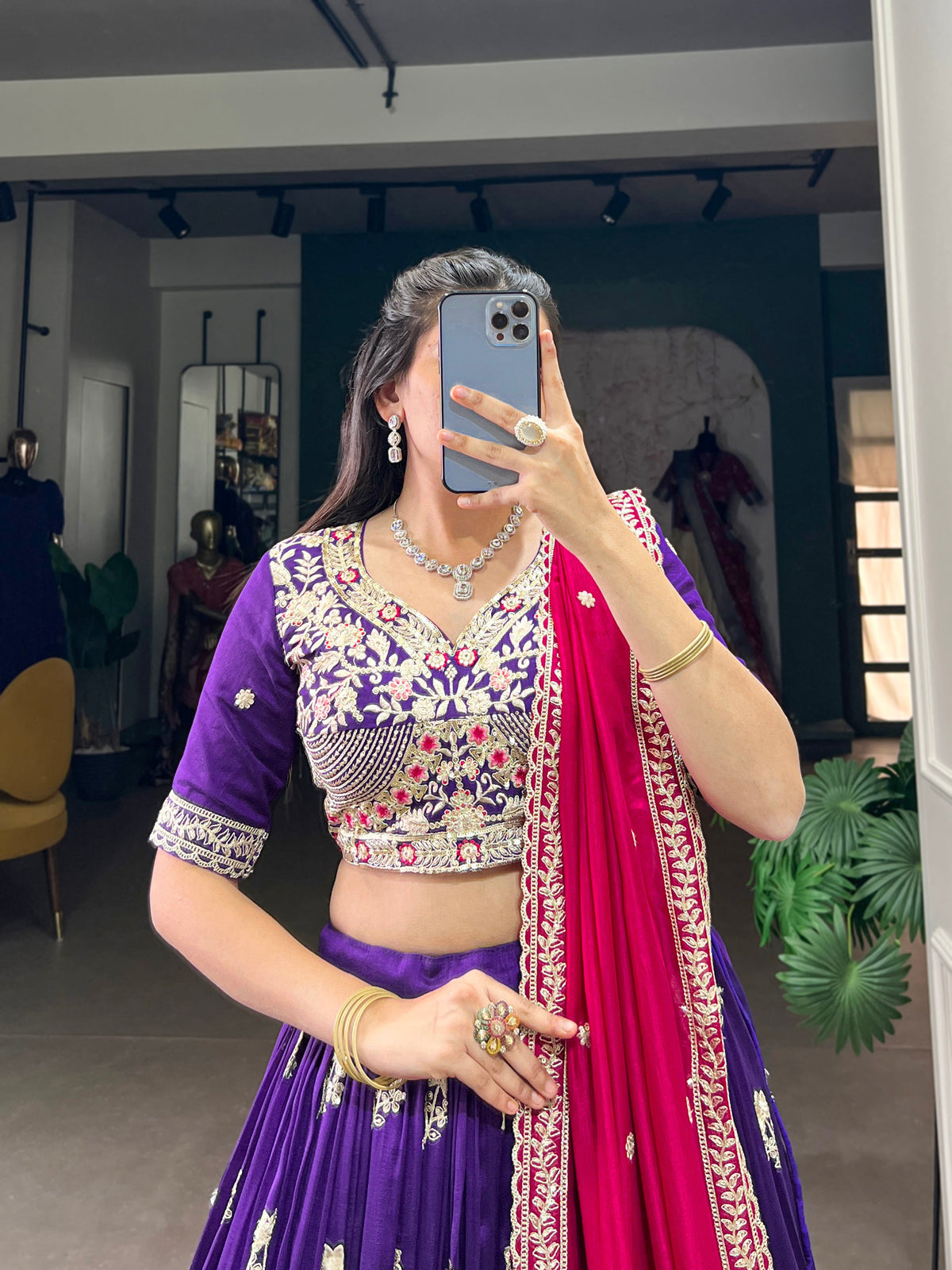 Lorenvalley Purple Vichitra Silk Sequins and Thread Embroidery Work Lehenga Choli | Grocsy