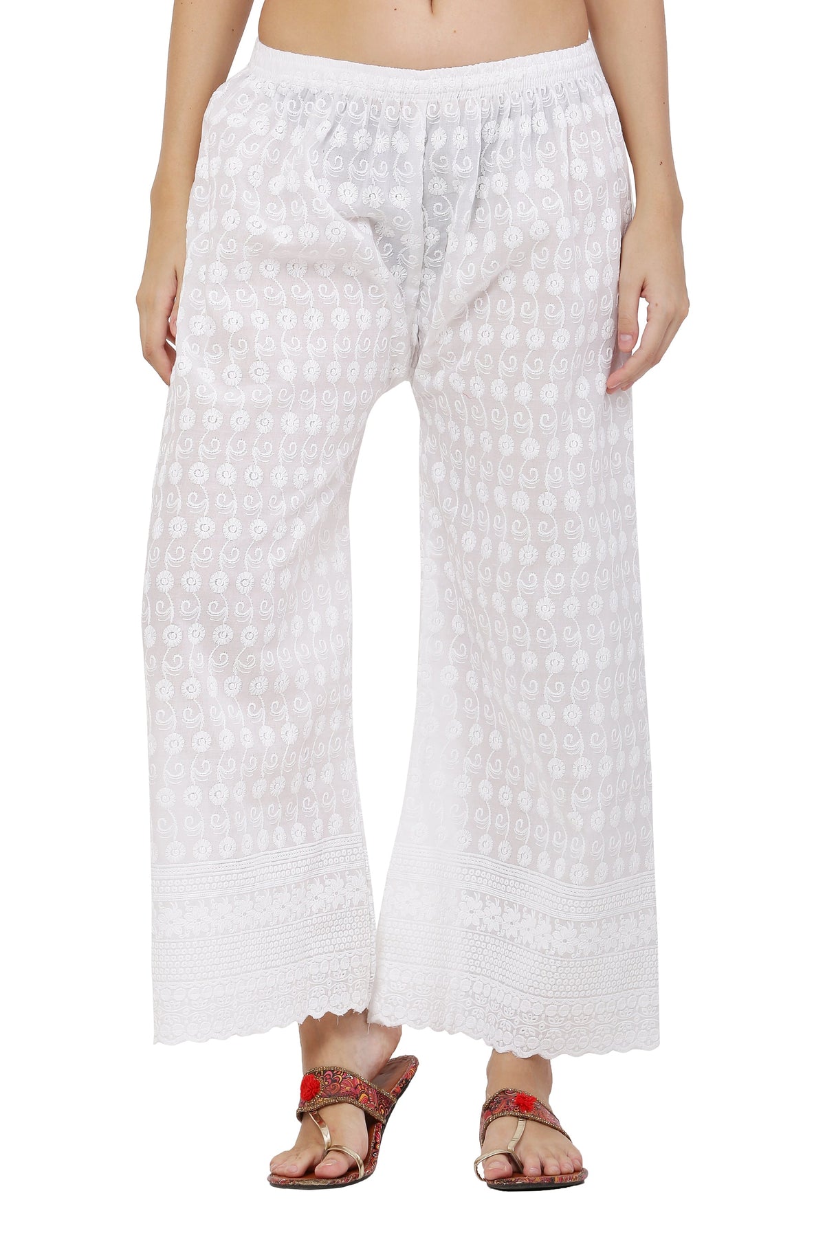 PAVONINE White Color Full Chikankari Cotton Fabric Palazzo For Women | Grocsy