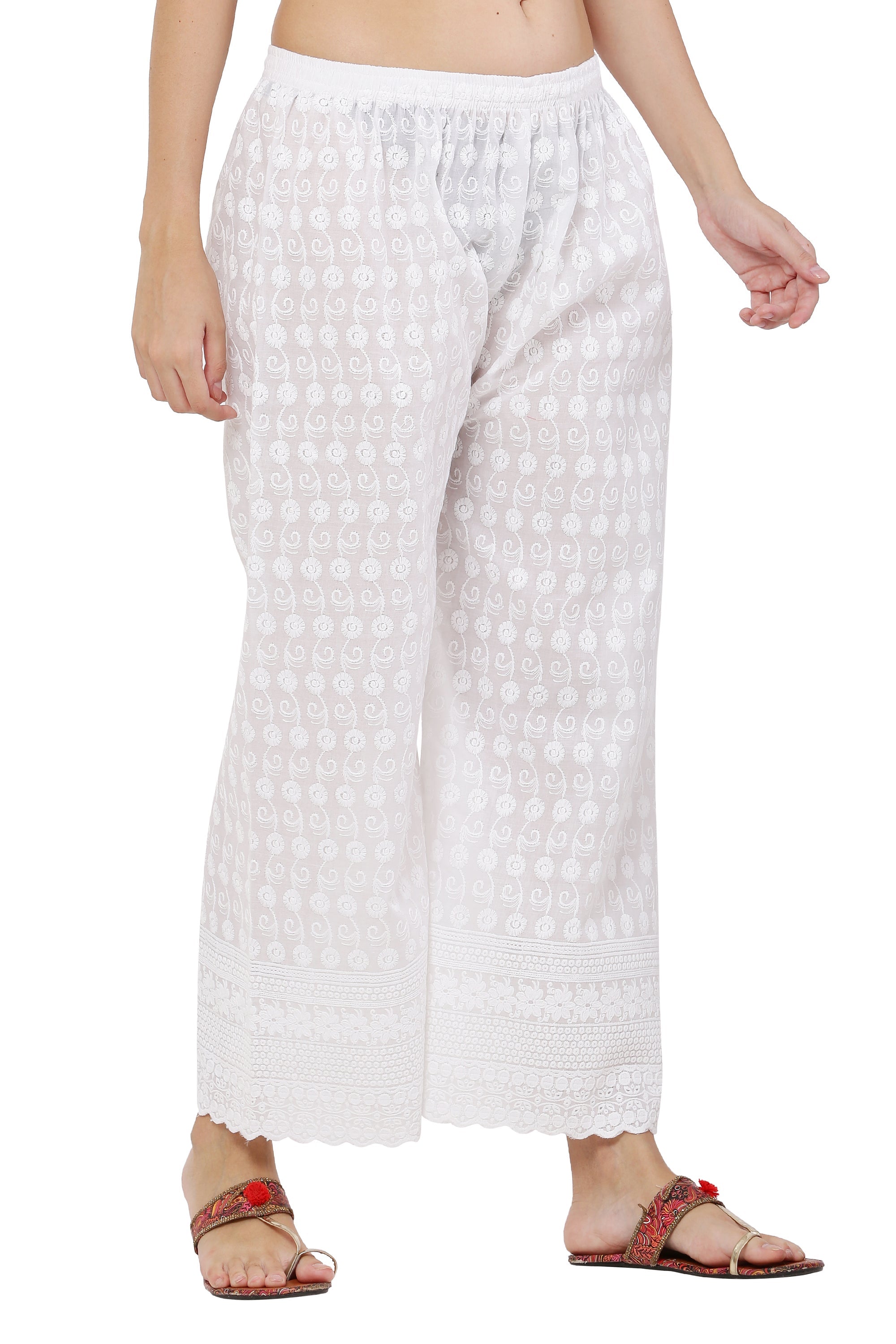 PAVONINE White Color Full Chikankari Cotton Fabric Palazzo For Women | Grocsy