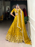 Lorenvalley Mustard Vichitra Silk Sequins and Thread Embroidery Work Lehenga Choli | Grocsy