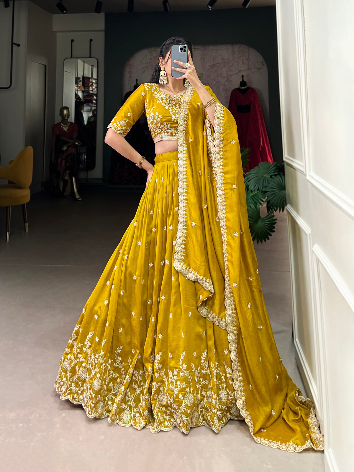 Lorenvalley Mustard Vichitra Silk Sequins and Thread Embroidery Work Lehenga Choli | Grocsy