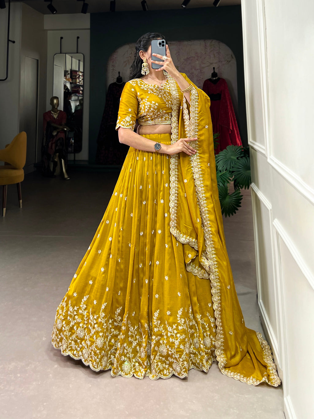 Lorenvalley Mustard Vichitra Silk Sequins and Thread Embroidery Work Lehenga Choli | Grocsy