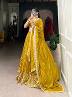 Lorenvalley Mustard Vichitra Silk Sequins and Thread Embroidery Work Lehenga Choli | Grocsy