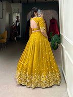 Lorenvalley Mustard Vichitra Silk Sequins and Thread Embroidery Work Lehenga Choli | Grocsy