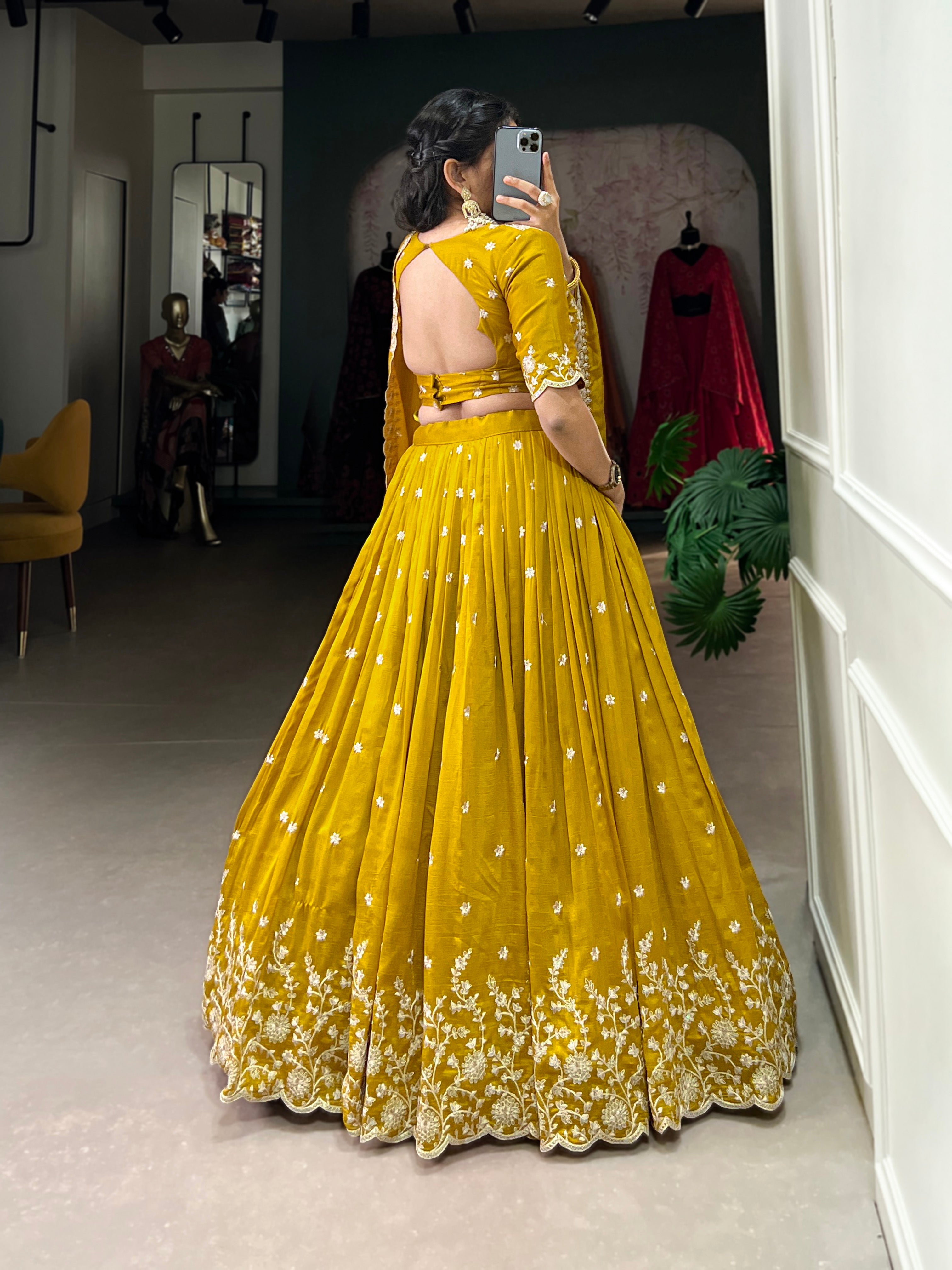Lorenvalley Mustard Vichitra Silk Sequins and Thread Embroidery Work Lehenga Choli | Grocsy